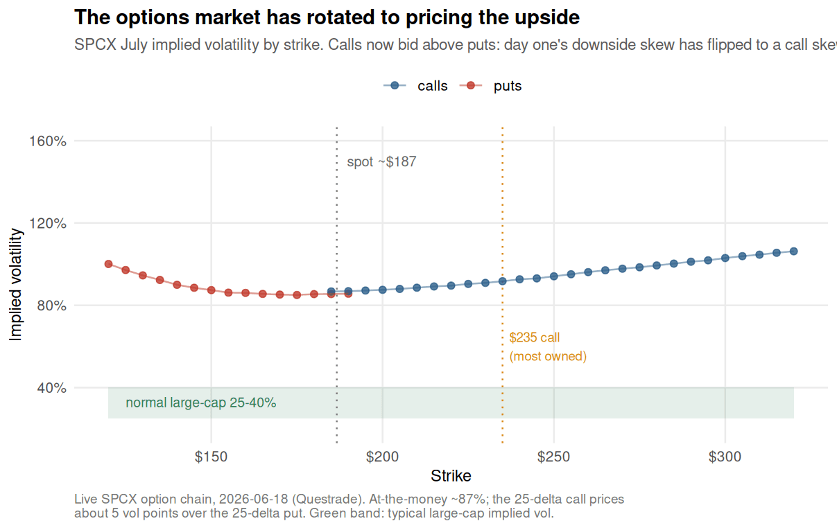 The SpaceX implied volatility surface in plan view, showing the call-skew wing in the front weeks and the smooth fade with maturity.